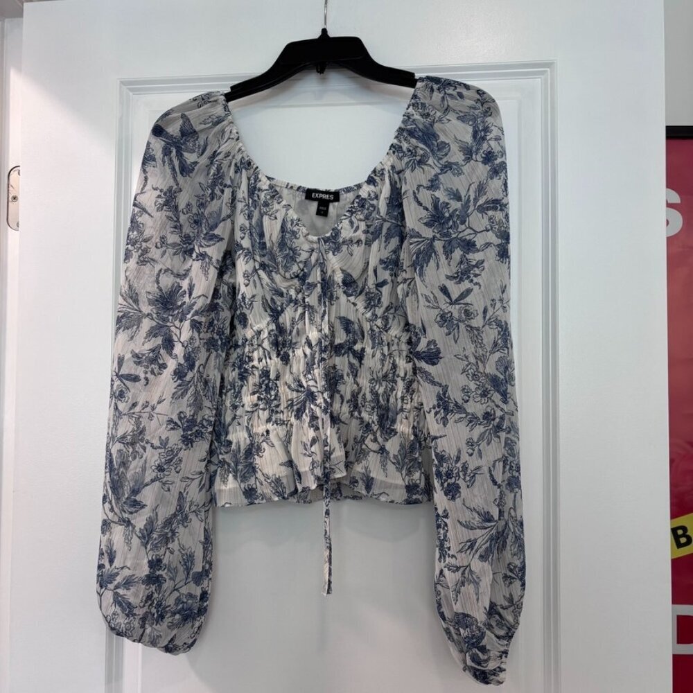 Express Metallic Stripe Floral V-Neck Smocked Top